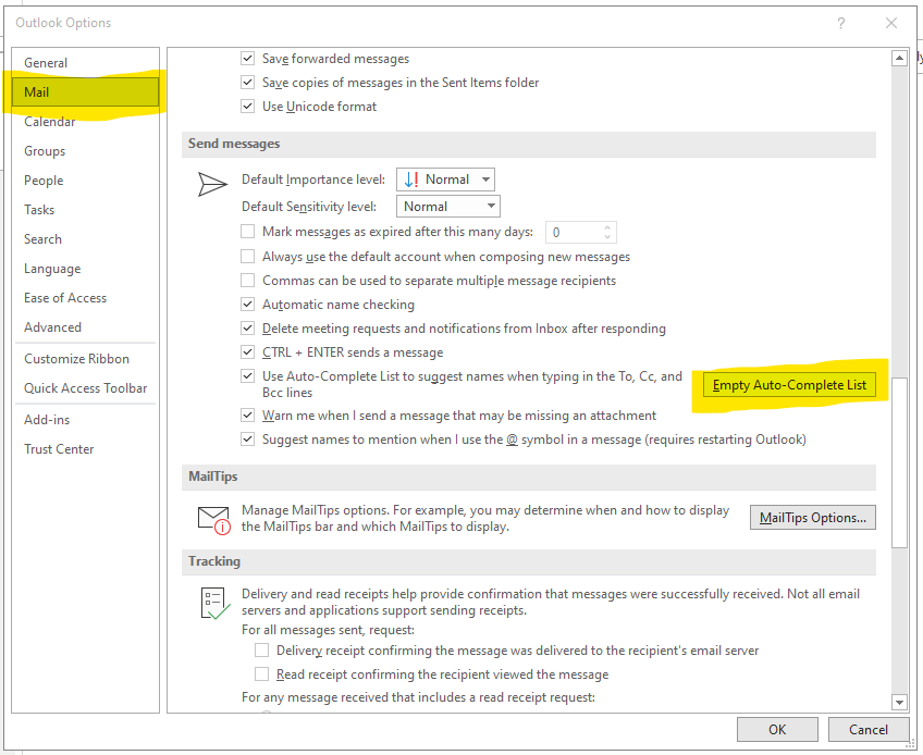 Screengrab showing the locations of the 'Mail' navigation tab in Outlook's Options dialog box, and the 'Empty Auto-Complete List' button under the 'Send messages' section.